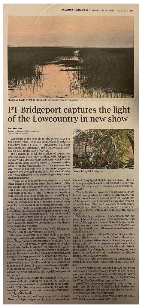 Newspaper article by Rob Hessler on P. T. Bridgeport's photography show at La Terra Natural Oils