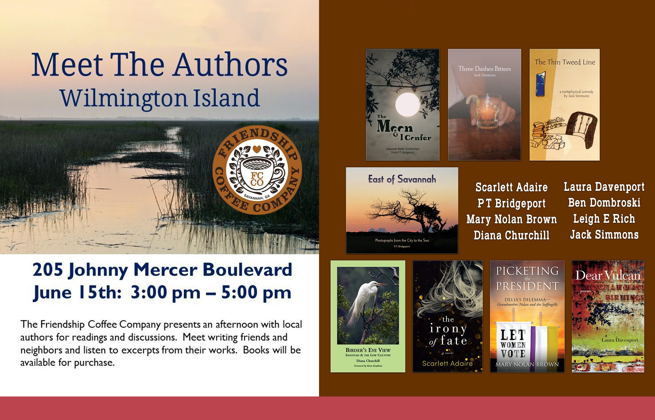 Book covers for a "Meet the Authors" event at Friendship Coffee Company (with its logo of a coffee cup surrounded by leaves).