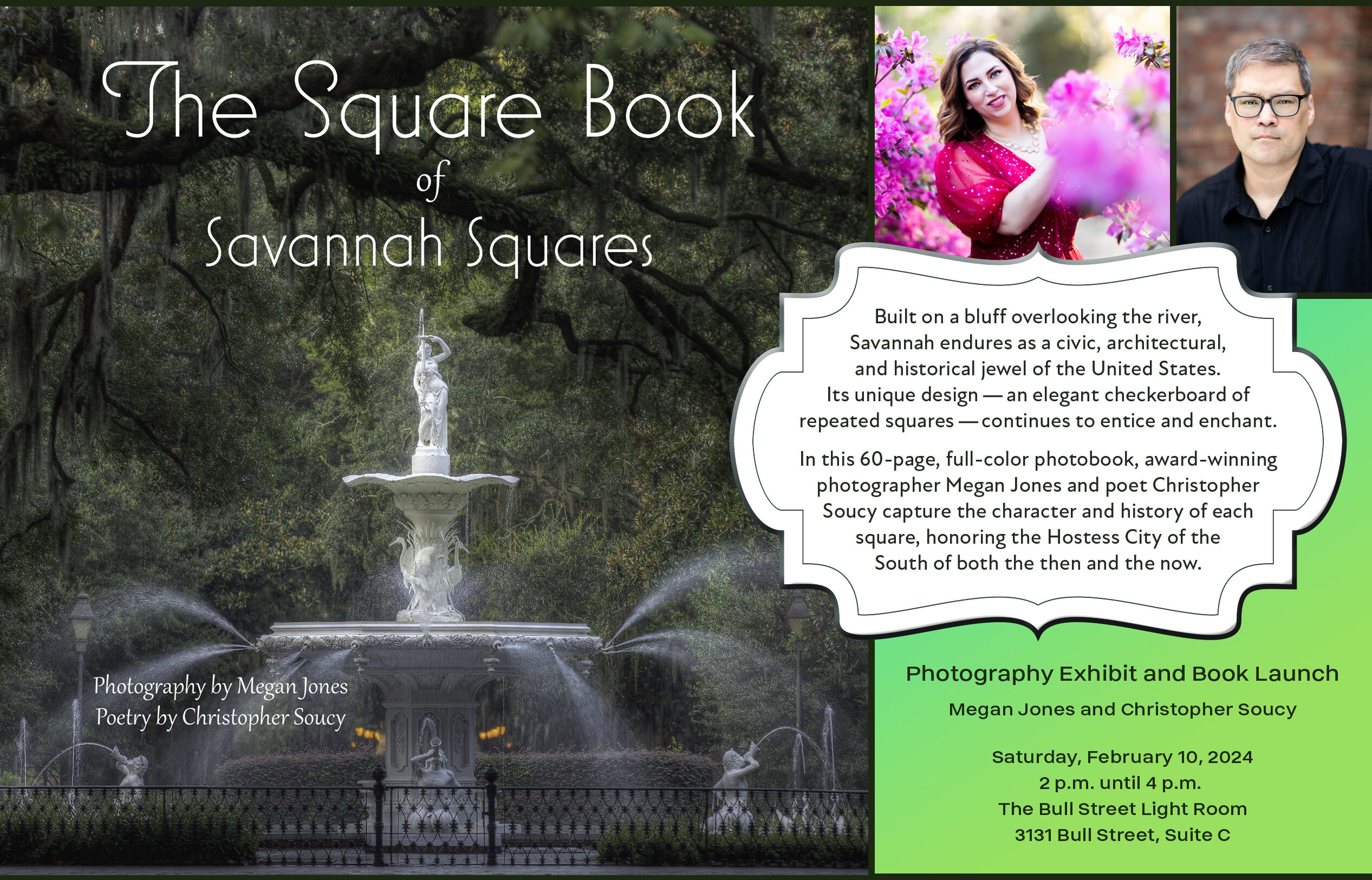 Gallery Exhibit and Book Signing for The Square Book of Savannah Squares at The Bull Street Light Room on Saturday, February 10, 2-4 p.m.